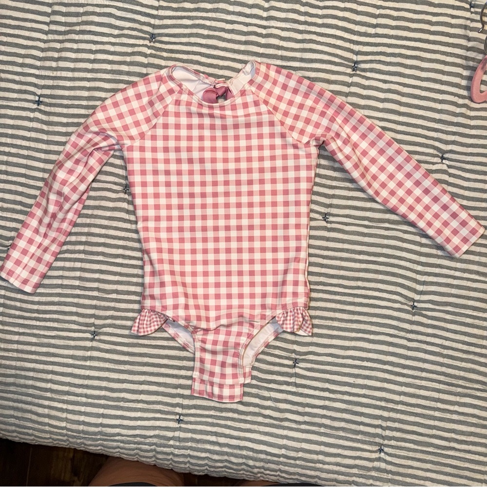 Minnow Pink Gingham Long-Sleeve One-Piece Swimsuit with Ruffle Trim